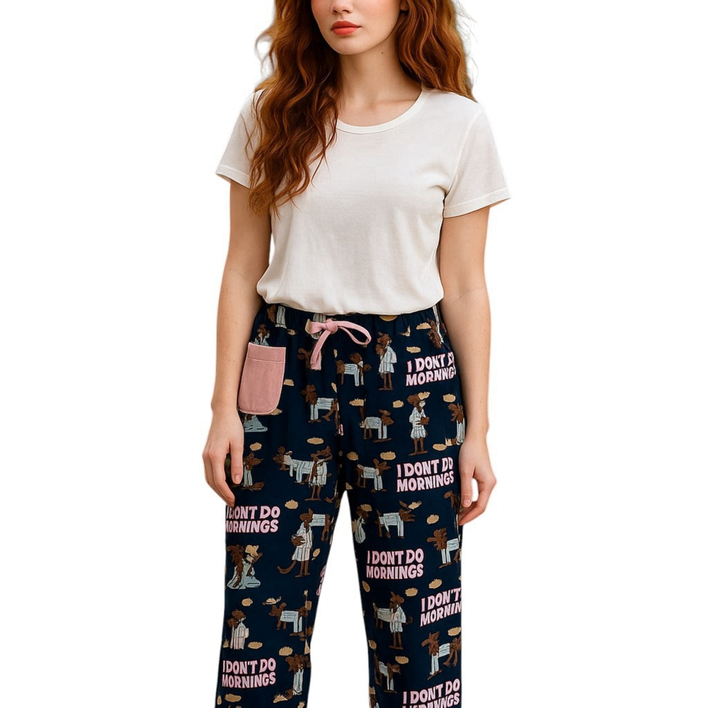 Lazy One I Don't Do Mornings PJ Pajama Pants Women L Blue Moose Print Loungewear